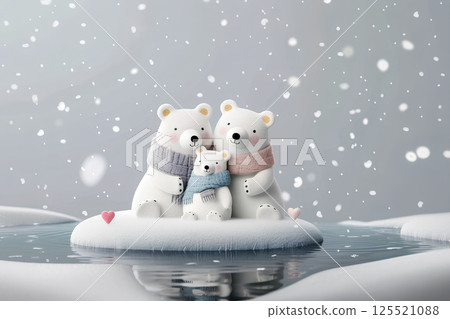 Illustration of a cute polar bear wearing a scarf and a snowy landscape 125521088