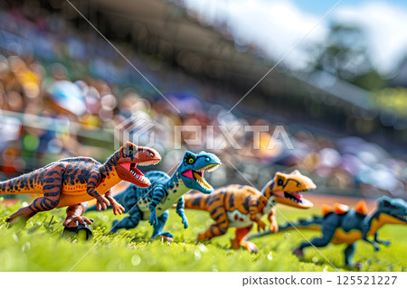 Sports stadium with cute dinosaurs and spectators (3D) 125521227