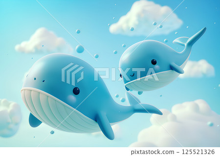 一隻可愛的鯨魚在藍天中快樂地游泳（3D） 125521326