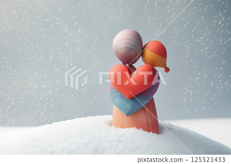 飄落的雪花中的幾顆彩色心(3D) 飄落的雪花中的幾顆彩色心(3D) 125521433