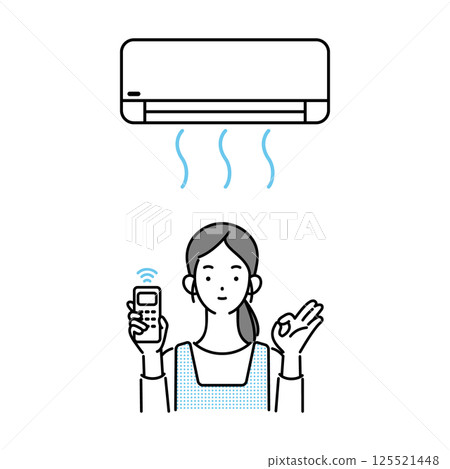 Illustration of a housewife holding a remote control and an air conditioner 125521448