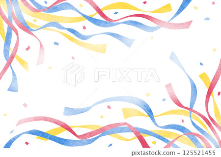 與五顏六色的絲帶和五彩紙屑的背景 與五顏六色的絲帶和五彩紙屑的背景 125521455