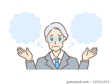 A middle-aged businessman with a troubled expression thinking about or comparing two things 125521472