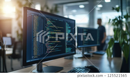 computer with multiple monitors displaying code in a dimly lit environment, suggesting a focus on programming or software development.,. 125521565