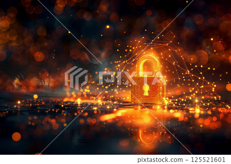 This striking image features a glowing lock surrounded by shimmering particles, symbolizing security and protection. The dark background enhances its visual impact. 125521601