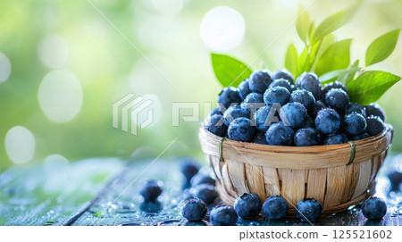 organic black grapes in freshly picked basket on old wooden table, organic agriculture advertisement 125521602