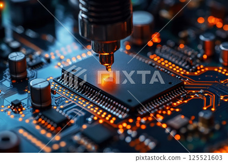 high precision robot arm installs components circuit boards electronic device production fully automated modern assembly. 125521603