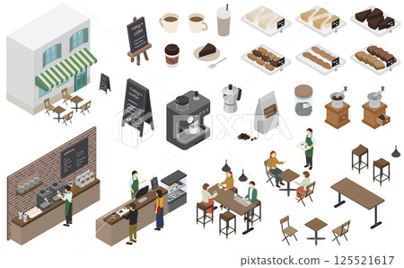 Isometric illustration: cafe set Isometric illustration: cafe set 125521617