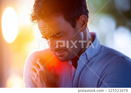 A man is clutching his shoulder in pain with a grimace, highlighted by red light to indicate the affected area of discomfort. 125521678