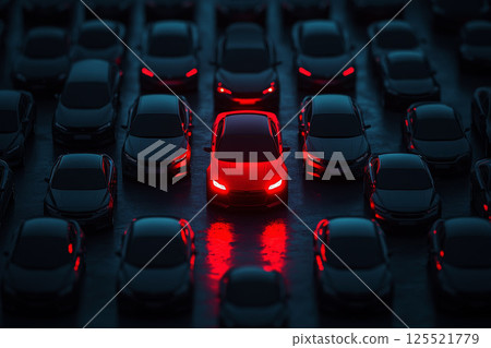 A red car stands out among a group of gray cars, symbolizing uniqueness and individuality. 125521779