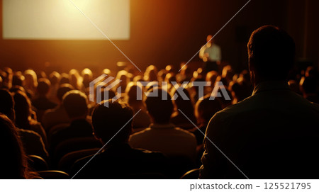 Audience listens attentively during corporate business conference presentation. Audience listens attentively during corporate business conference presentation. 125521795