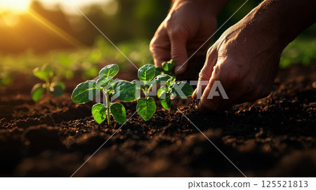 Closeup image of people preparing to grow a small plant tree with soil. 125521813