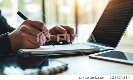 Young woman working at her desk taking notes. Focus on hand writing on a notepad. 125521814