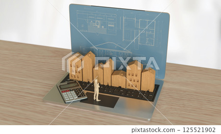 The Man and wood house on Notebook for property or real estate concept 3d Rendering. 125521902