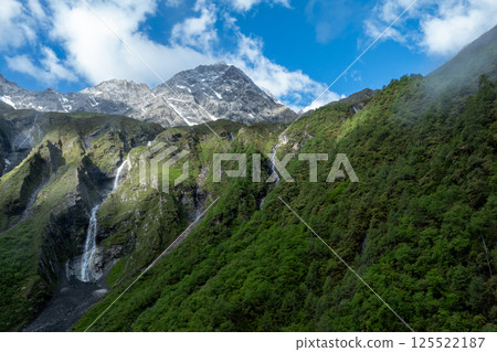 Aerial view of beautiful high altitude snow capped mountain waterfall landscape Aerial view of beautiful high altitude snow capped mountain waterfall landscape 125522187