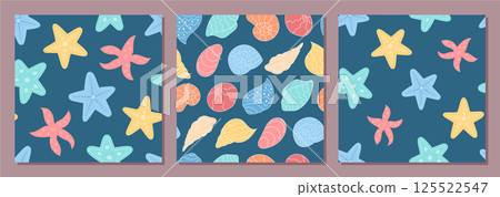 Seamless underwater pattern with marine style elements set. Aquatic background with cartoon starfish and seashells in a flat design. Perfect for summer sets and ocean visuals. 125522547