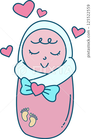 Cute Cartoon Illustration of a Swaddled Baby	 125522559