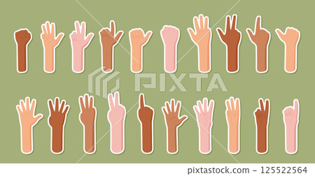 Cartoon sticker set with finger gestures and numbers. Human bare hands show count with silhouette arms. Flat style, educational icon for math visuals and learning tools. 125522564