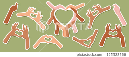 Colorful cartoon sticker set with diverse hand gestures forming heart shapes. Symbol of love, heart gesture, and friendship for k-pop themes or creative designs. Perfect for promoting cheerful, 125522566