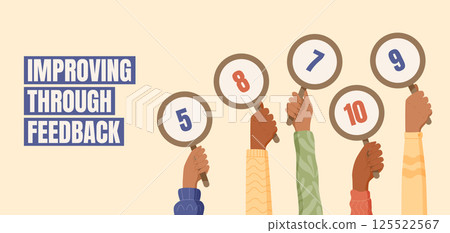 Cartoon hands hold feedback banners with rates and scores. Ranking feedback for evaluation and customer satisfaction survey. Modern design concept for review, business marketing, banner, opinion 125522567