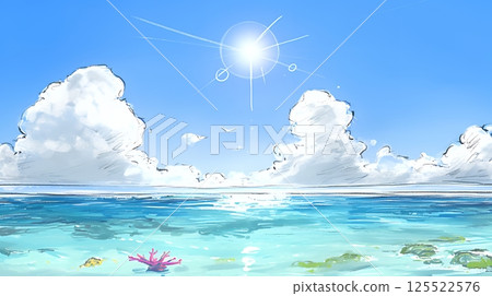Contrast of summer blue sky, blue sea, white clouds and sandy beach (crayon + watercolor style) 125522576