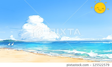 Contrast of summer blue sky, blue sea, white clouds and sandy beach (crayon + watercolor style) 125522579