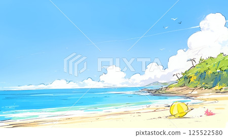Contrast of summer blue sky, blue sea, white clouds and sandy beach (crayon + watercolor style) 125522580