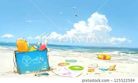 Contrast of summer blue sky, blue sea, white clouds and sandy beach (crayon + watercolor style) 125522584