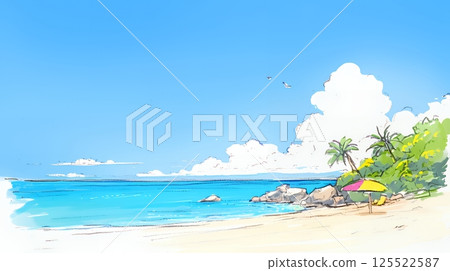 夏日藍天碧海白雲沙灘的比較(蠟筆+水彩風格) 夏日藍天碧海白雲沙灘的比較(蠟筆+水彩風格) 125522587