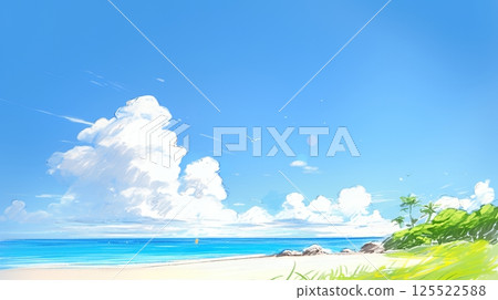 夏日藍天碧海白雲沙灘的比較（蠟筆+水彩風格） 125522588