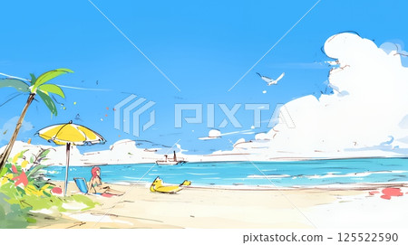 夏日藍天碧海白雲沙灘的比較（蠟筆+水彩風格） 125522590