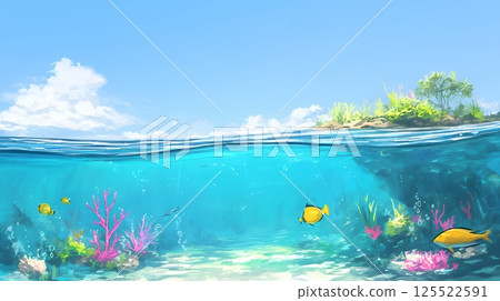 Contrast of summer blue sky, blue sea, white clouds and sandy beach (crayon + watercolor style) 125522591