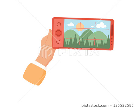 Hand holds a smartphone with a photo app. A user taps the screen to capture selfie. People enjoy taking pictures using mobile media, flat style, perfect for social media marketing. 125522595
