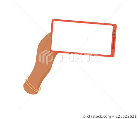 A hand holds a smartphone with a blank template screen. A user grips digital device displaying an empty interface. This cool mobile phone offers trendy context for media, flat visual style, and 125522621