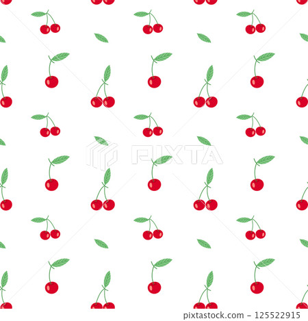 Seamless Cherry Pattern Hand Drawn Red Fruit and Leaf Illustration, Fresh Summer Background for Fabric, Wrapping Paper, and Kitchen Decor 125522915