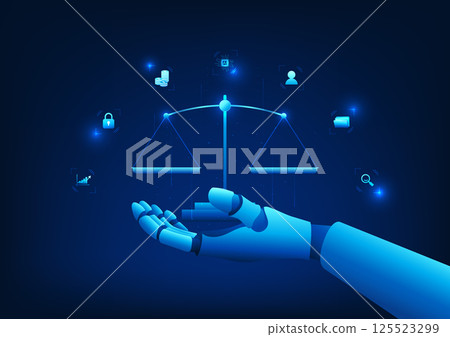 LegalTech Robotic hand holding a scale of justice, symbolizing the integration of AI with modern law, which helps in thinking, judging and protecting human rights, a symbol of modern justice. 125523299
