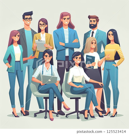 Flat Design Illustration of Young Professionals Collaborating in a Modern Workplace with Generative AI. 125523414