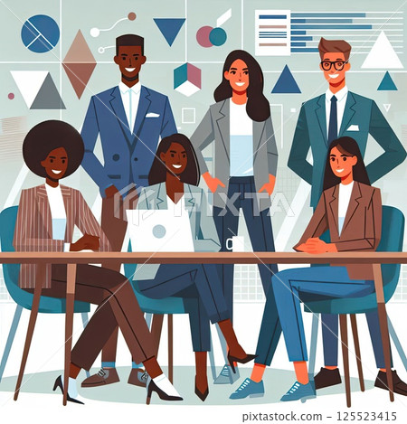 Flat Design Illustration of Young Professionals Collaborating in a Modern Workplace with Generative AI. 125523415