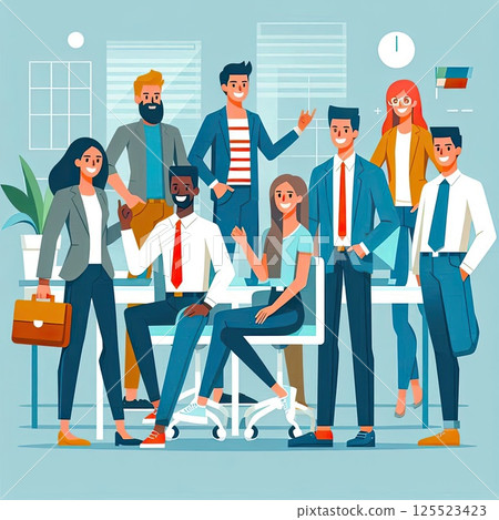 Flat Design Illustration of Young Professionals Collaborating in a Modern Workplace with Generative AI. 125523423