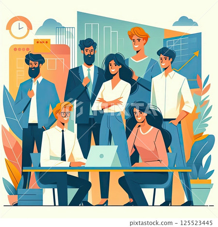 Flat Design Illustration of Young Professionals Collaborating in a Modern Workplace with Generative AI. 125523445