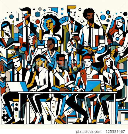 Abstract Business People Working Together in Colorful Office Illustration with Generative AI. 125523467