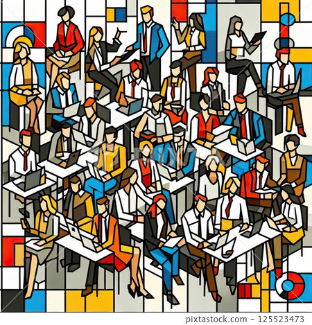 Abstract Business People Working Together in Colorful Office Illustration with Generative AI. 125523473