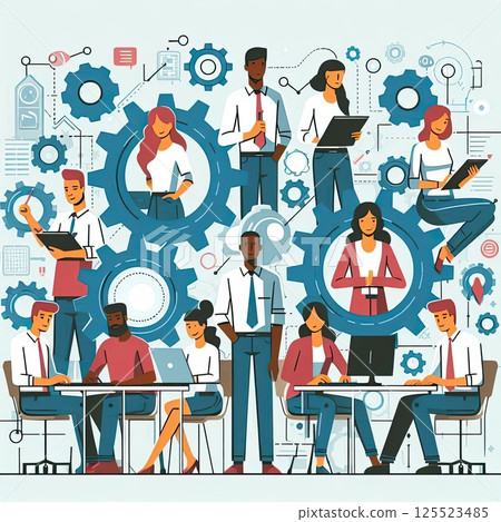 Abstract Business People Working Together in Colorful Office Illustration with Generative AI. 125523485