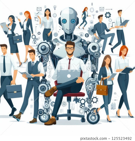 Abstract Business People Working Together in Colorful Office Illustration with Generative AI. 125523492