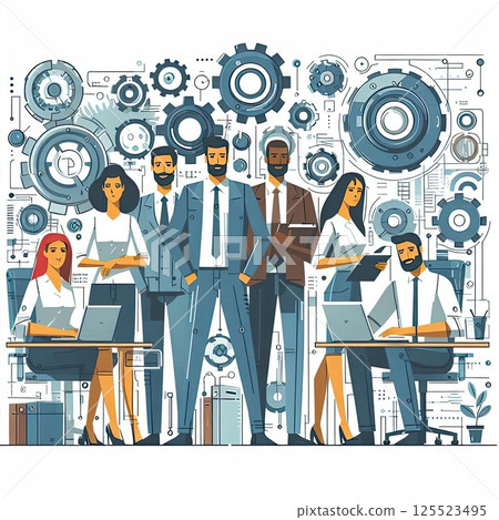 Abstract Business People Working Together in Colorful Office Illustration with Generative AI. 125523495