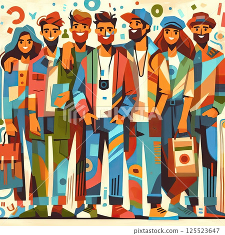 Stylized Group of Diverse Young Adults Embracing in Minimalist Line Art with Generative AI. 125523647