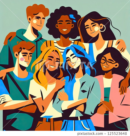 Stylized Group of Diverse Young Adults Embracing in Minimalist Line Art with Generative AI. 125523648