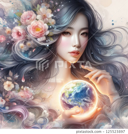 Ethereal Woman Holding Planet with Floral Crown and Watercolor Aura with Generative AI. 125523897