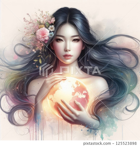 Ethereal Woman Holding Planet with Floral Crown and Watercolor Aura with Generative AI. 125523898