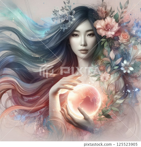 Ethereal Woman Holding Planet with Floral Crown and Watercolor Aura with Generative AI. 125523905